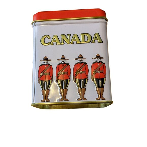 Small Royal Canadian Tea Tin EMPTY Mounties RCMP White Red Hinged Lid - Picture 1 of 6